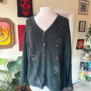 Vintage 90’s Dark Green Embroidered Button Up Cardigan